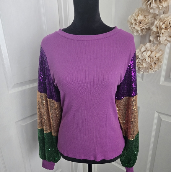 Purple Sequin Sleeve Women's Top - Picture 1 of 5